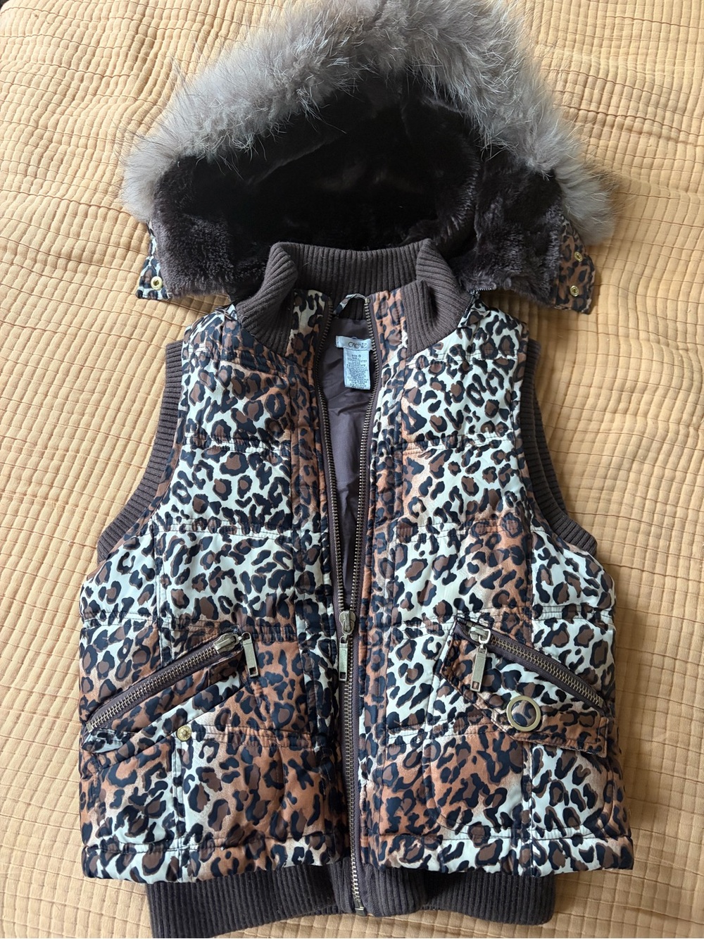 Cache Leopard Print Puffer Vest Faux Fur Hood, size S